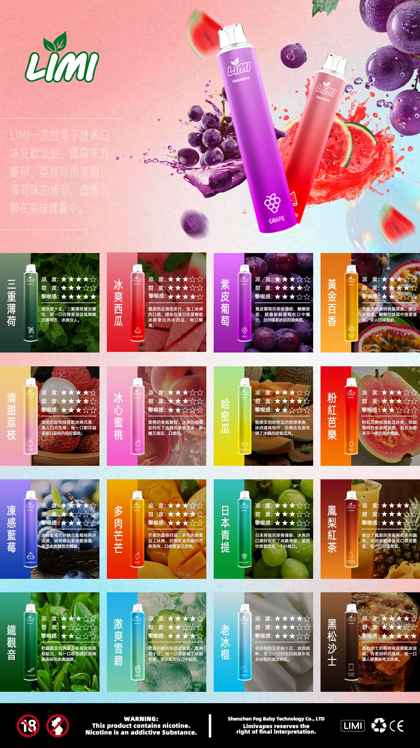 LIMI7000口拋棄式｜ILIA哩亞同廠生產，煙油容量更高 口味更優化｜超長續航 × 發光炫彩｜一次性便攜式圓管電子煙｜VAKA糖果雲煙館
