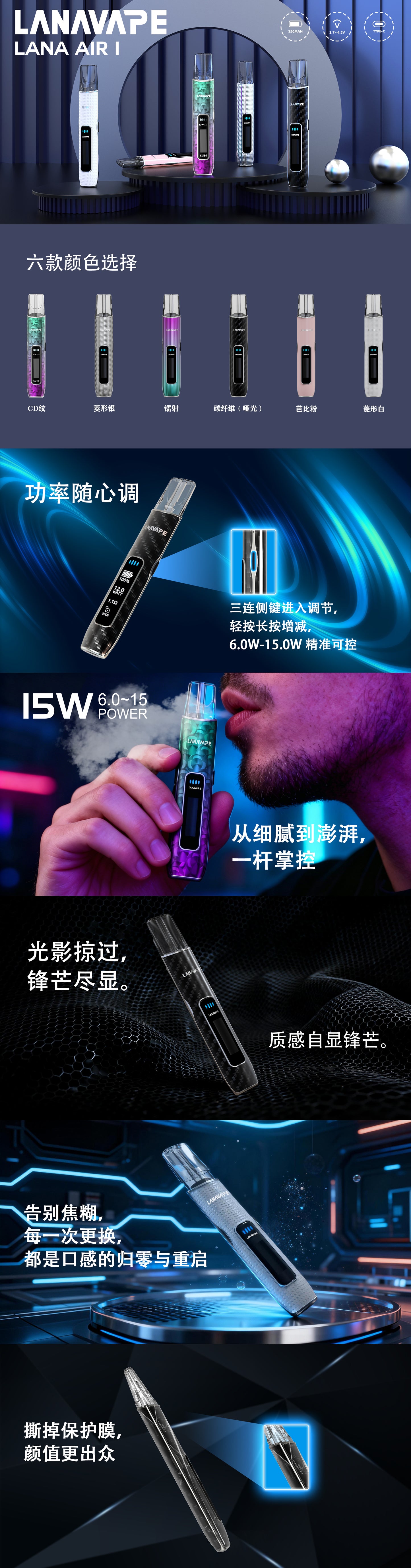 【LANA AIR 1 一代主機】智能超大液晶屏幕＋精準功率控制 6W-15W可調 高續航煙桿，適用於 IAIL、魅嗨、SP2S 等一代霧化彈-VAKA糖果雲煙館